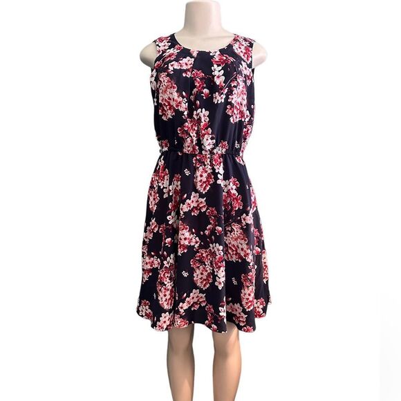 Elle Navy Blue Pink Floral Cherry Blossom Sleeveless Dress Size Small - Picture 2 of 11